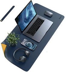 Dyazo Vegan PU Leather Mouse Pad for Remote Work/Office/Gaming, Large Desk Mat, Dual-Sided Anti-Slip, Water-Resistant Design (800 x 300mm, Navy Blue & Yellow)