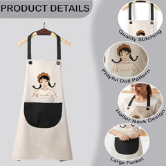 MOMISY Waterproof Kitchen Apron, Cooking Apron with Large Front Pocket, Cute Girl Print Design (OffWhite Black)