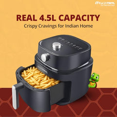 Mr. TRU Manual Air Fryer for Home | Actual 4.5 Liter | 1400 Watt | 1 Year Warranty | Uses 90% less Oil | Time & Temp Control Knobs | Glossy Black