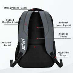 Safari Forge 34L Laptop Backpack, 3 compartments, Raincover, Antitheft pocket, Trolley Sleeve, Organizer, Bottle holder, Front pocket, College bag, school bag, Formal backpack, Color- Black