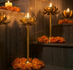 Easyera Decorative Lotus Candle Holder Set of 3| Gold Metal Tealight Holder for Home Decor | Lotus Diya Stand for Diwali, Pooja & Wedding Decoration | 12, 10 & 8 Inch