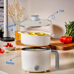 MOOKA Mini Multipurpose Electric Cooker Kettle With Steamer 1.5 Liter Inner Pot Non-Stick Hotpot Cooker For Cooking Hot Water Rice Idli Momos Tea 600W Portable Travel