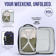 Skybags Porto Spacious 40L Weekender Backpack, 2 Compartments, Black-Blue | Laptop Compatible (Upto 17"), Front & Shoe Compartments, Padded Handles, Travel/ Office Bag, Unisex, 1-Year Global Warranty