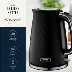 Tower Electric Kettle 1.7L Metal Body Auto Shut-Off 360° Base Blue | 1.7L capacity, 1350W rapid boil, full metal body, auto shut-off and boil-dry protection, 360-degree swivel power base