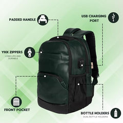 F Gear Luxur V2 27L Office Laptop Backpack with raincover, USB Charging Port, Fits 17" Laptop Artificial Leather Water resistant lightweight Gifts for Men Women Adults, College/Over Nighter (Green)