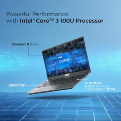 Acer Aspire 3, Intel Core 3-100U Processor, 8GB RAM/256GB SSD, 14.0"/35.56 cm, Full HD IPS Display, Windows 11 Home, Intel UHD Graphics, Steel Gray, 1.45 Kg, A324-53, Premium Thin and Light Laptop