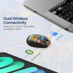 Portronics Toad III Plus Rechargeable Bluetooth Mouse with Bluetooth & 2.4 GHz Wireless Connectivity, Stylish Illustrated Design, 6 Buttons, Soft Silicone Grip for Laptop, PC, Mac (White)