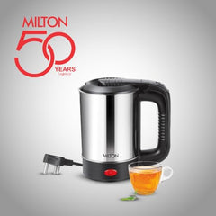 MILTON Stainless Steel Euroline Electric Travel Kettle With Handle, 1000 Watt, 500 Ml | 2 Utility Cups | Auto Shut-Off | Concealed Heating Element | Power Indicator |1Year Warranty, Silver