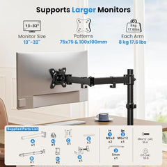 Dyazo Single Monitor Desk Mount Stand | Height Adjustable Fully Articulating Arm for 13–32 Inch Screens | VESA 75×75/100×100 Compatible | Tilt & Rotate Monitor Holder with C-Clamp/Grommet Base (Black)