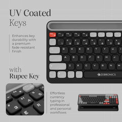 Zebronics Keypad X3 Wireless Keyboard, 102 Keys, 12 Multimedia Keys, 2.4GHz + BT, UV Coated Keycaps, Mobile & Tablet Holder, ₹ Rupee Key, Retractable Stand, USB Nano Receiver (Midnight Black)