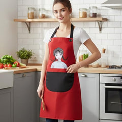 MOMISY Waterproof Kitchen Apron, Cooking Apron with Large Front Pocket, Cute Girl Print Design (Red Black)