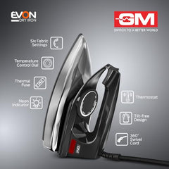 GM Ferro 1200W Heavyweight Dry Iron Press 1.75 Kg | Dual Layer German Non-Stick Coating with 2 Yrs Warranty | Shock Proof Iron Box for Clothes with 1.8M Cord Length | Enhanced Back Rest for Safety