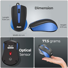 Foxin Glance Grey Wired USB Mouse | 1200 DPI Optical Sensor | Ergonomic & Lightweight (68g) with 3-Button | Plug & Play | 1.2M Cable | Silent Buttons | Wired Mouse for Laptop, PC, Desktop & Office Use