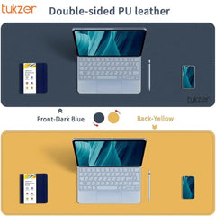 Tukzer Extended Vegan PU Leather Mouse Pad Desk mat Smooth Reversible Dual Color Splash Proof Anti Fray Stitched Edges Non-Slip Mousepad for Laptop Notebook Gaming Computer(Blue & Yellow 90CM X 45CM)