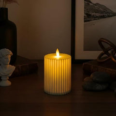 Chronos Pleated Ivory LED Moving Wick Pillar Candle | 4 Inch | White