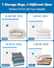Vacuum Bags Clothes with Electric Pump, 7 Pieces Vacuum Bags Clothes – 1 Jumbo, 2 Large, 2 Medium, 2 Small for Blankets, Duvets, Pillows, Quilts, Travel, Moving