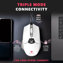 EvoFox Banshee 2 Tri-Mode Wireless Gaming Mouse (2X BT, 2.4G & Wired), PixArt 3311 Sensor, 1000Hz Polling Rate, 12,000 DPI, LCD Display, 6 Programmable Buttons, Software Support, Onboard Memory-Black