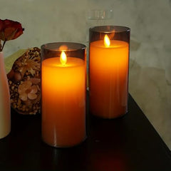 Flameless LED Pillar Candle Set of 2 | Acrylic Fiber Glass | Dancing Faux Wick | Remote Control with Battery Operated 3 AA | Home Décor & Gifting | 3" D x 6" H | Red