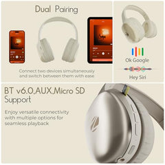 Zebronics Thunder Pro (2026 Upgrade) Wireless Headphones, BT v6.0, Up to 60h Playback, Dual Pairing, 40mm Drivers, ENC, Gaming Mode, Deep Bass, AUX & microSD, Rapid Charging (Black)