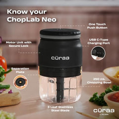 CΓRAA Chopper Electric for Kitchen | ChopLab Neo USB Vegetable Chopper for Kitchen Use by Chef Sanjyot Keer | Rechargeable Chopper with Stainless Steel Blades, 250ml, Beige