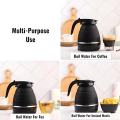 InstaCuppa Foldable Silicone Electric Kettle for Travel, Home & Office, 600 ML, 600 Watts, Fast Boiling, Food Grade Silicone, Collapsible, Portable, Dry Boil Protection, Black
