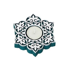 eCraftIndia Wooden Floral Printing Block Decorative Tea Light Candle Holders (Set of 12, Green White) Diwali Christmas Decorations Items for Home Office Christmas Gifts for Women Men Family Friend