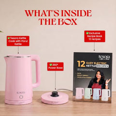Tesora 1.8L Electric Kettle, 1500W,Stainless Steel Interior, 12 Recipe Book | Electric Water Boiler, Tea Maker, 1500W Fast Boiling, Cool-Touch Body, 360° Base, Auto Shut-Off, Boil-Dry Protection