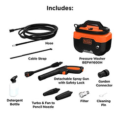 BLACK+DECKER BEPW1600 1300W 1600 PSI 110 Bar Pressure Washer for Car, Bike, Home & Garden Cleaning Use with Multiple Accessories Included, 1 Year Warranty, Orange & Black