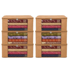 JD FRESH 6 Pcs Non Woven Saree Covers/Storage Bags with Zip Cover/Space Saving Bag with Transparent Window/Wardrobe Cupboard Organizer for Clothes/Lehengas/Bedsheets (17 X 14 x 7 Inch/Orange)