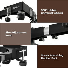 Lifelong Adjustable Washing Machine Stand with Wheels, Heavy Duty Steel Trolley for 5 Kg to 12 Kg Top Load & Front Load Washing Machines | Fridge & Air Cooler Stand | 180 Kg Capacity | Anti Vibration Pads | Black