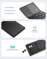 COOLCOLD Foldable Bluetooth Keyboard with Touch pad | Rechargeable - Tri-Folding Portable Wireless Key Board, Full Size Ultra Slim Pocket-Sized Foldable Keyboard for Tab Android Windows & Laptop