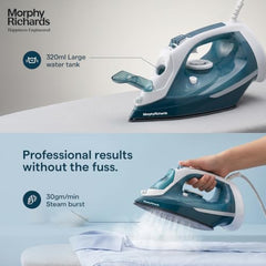 Morphy Richards Turbo Steam 2200W Steam Iron, White and Sage green, 2200 watts, ceramic