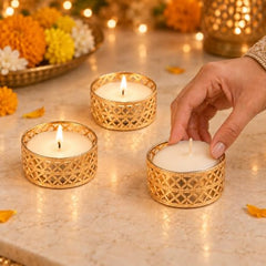 Little Blooms 12-pcs Metal Tea Light Holder - Golden Round Decorative Diya Stand | Tealight Candle Holders for Home Decor | Elegant Tealight Holder for Festivals & Special Occasions