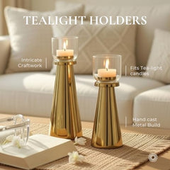 Behoma Handcrafted Golden Tea Light Candle Holders Set of 2 | Premium Metal & Glass Candle Stand | Centerpiece for Living Room, Coffee Tables & Home Decor Gift (Candles Not Included)