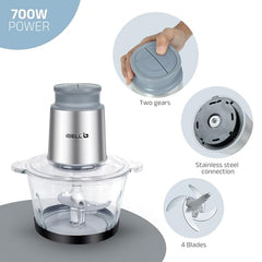 iBELL MT200GM Electric Food Chopper 700W with 2L Glass Bowl, Multi Purpose Chopper for Meat Vegetables Fruits Nuts & Herbs,2 Year Warranty