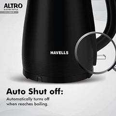 Havells Electric Kettle Altro 1250 Watts 1.5 liters, Double Layered Cool Touch Outer Body | 304 Rust Resistant SS Inner Body with Auto Shut Off | Wider Mouth | 2 Yr Manufacturer Warranty (Black)