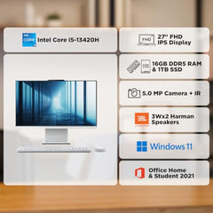 Lenovo IdeaCentre AIO Intel Core i5 13420H 27" FHD IPS 3-Side Edgeless All-in-One Desktop with Alexa Built-in (16GB/1TB SSD/Win11/Office 2021/5.0MP+IR Camera/Wireless EOS Keyboard & Mouse), F0HM003CIN