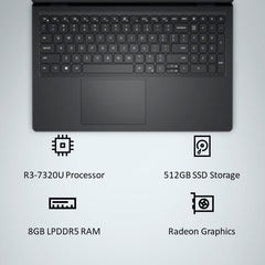 Dell 15, AMD Ryzen 3 7320U Processor (8GB RAM / 512GB SSD/Windows 11 + Office H&S 2024 + M365 / 15.6"(39.62 Cm) FHD Display / 12 Month Mcafee/Black Color/ 1.63 Kg/Thin & Light Laptop