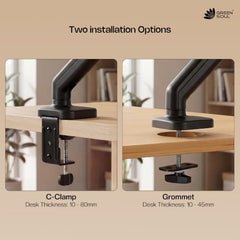 Green Soul Single Monitor Gas Spring Stand|Fits 13-32" Screen|9Kg Weight Capacity|Height Adjustable Desk Mount, VESA Plate, Grommet & C-Clamp Base|Monitor Riser for Desk|Tilt, Swivel & Rotation|Black