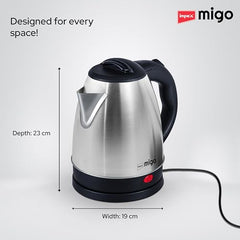 Impex Migo Stainless Steel Electric Kettle 1.8 Litre 1500 Watts Fast Boiling Portable Electric Kettle | Power Indicator | Dry Run Protection | Auto Cut off | 360 Degree Rotatable | 1 Year Warranty