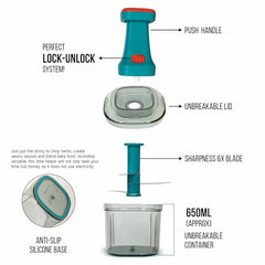 ISSVWO Tekcool Manual Hand Press Push Chopper with 6 Blades for Effortless Chopping Vegetables & Fruits (Assorted, 650 ml, Plastic).