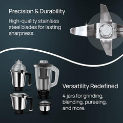 Wipro Elato FMG209 800 Watt Mixer Grinder with 4 Jars,Heavy Duty 100% Copper Ball Bearing Motor with 5 Year Warranty,Superfast Grinding,Clip Lids - Hands Free use, 4 Jars Mixer Grinder 800 Watt,Black