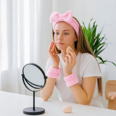MOMISY Face Wash Headband and Wristband Setfor women ladies girls female, Stretchy Bowknot Design, Super Absorbent Flannel, for Face Washing, Makeup, Yoga (Pink, Free)