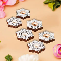 eCraftIndia Wooden Floral Printing Block Decorative Tea Light Candle Holders (Set of 12, Green White) Diwali Christmas Decorations Items for Home Office Christmas Gifts for Women Men Family Friend