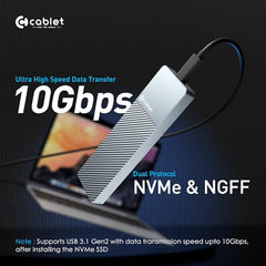 Cablet M.2 NVMe/NGFF SSD Enclosure USB 3.1 Gen2 10Gbps for 2242/2260/2280 M-Key/M+B Key PCIe SSD, Supports Dual Protocol NVMe and NGFF SSD, UASP Max 2TB, Aluminium Case