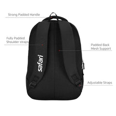 Safari Omega spacious/large laptop backpack with Raincover, college bag, travel bag for men and women, Black, 30 Litre