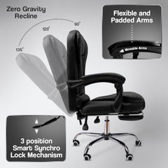 Kepler Brooks Italia Premium Leatherette Office Chair for Work | 3-Years Warranty | Boss Chair for Office, Ergonomic Executive Chair, Cushioned Arms & Seat, Leg Rest, Heavy Duty Metal Base (Black)