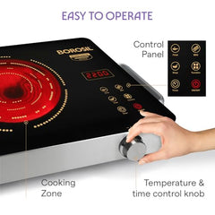 Borosil 2200W Smart Kook Infrared Induction | Digital Display with Touch Buttons | Glass Crystallite Plate | 8 Preset Modes | Auto Cooling Fan | 1 Year Warranty | Made in India