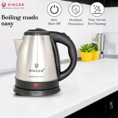SINGER Cutie DX Electric Kettle 1350 Watts | 2 Years Warranty | 1.5 Liters | Quick Boil | Stainless Steel | Cool-Touch Handle and Lid | Auto Shut Off | Tea & Coffee, Instant Noodles, Rice, Soups