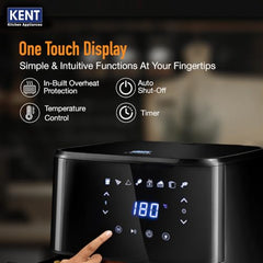 KENT Digital Air Fryer 5L | 1400W | Bake, Grill & Roast | Up to 80% Less Oil Usage | 8 Preset Menu | Rapid Heat Circulation | Digital Display & Touch Control Panel | Glass Window with in built Light